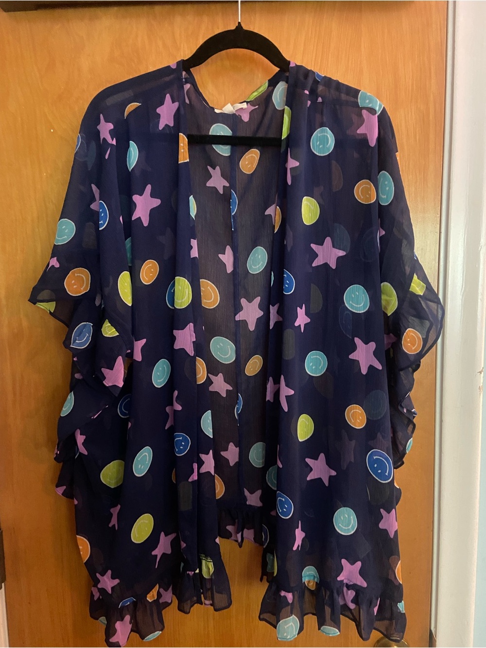 😊💙⭐️🩷EASEL Navy Sheer Ruffled Kimono Bright Smiley/Stars SZ Medium (Oversized) - Picture 2 of 8